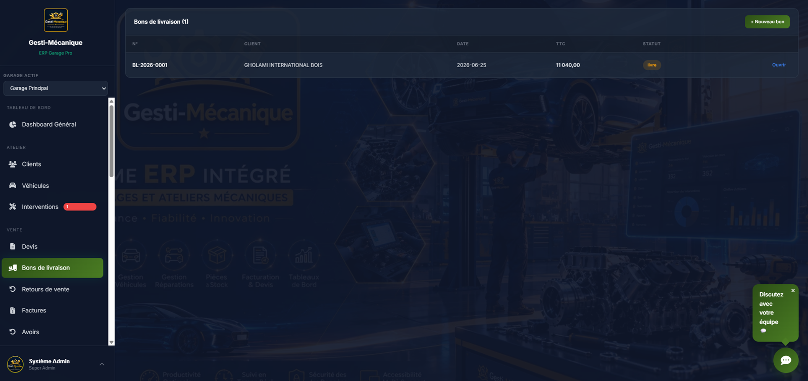 Dashboard Général de Gesti-Mécanique avec le sélecteur de garage actif