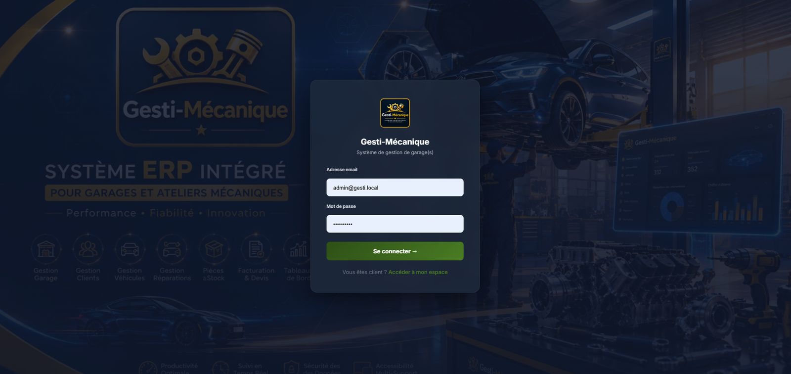 Écran de connexion Gesti-Mécanique avec accès à l'espace client